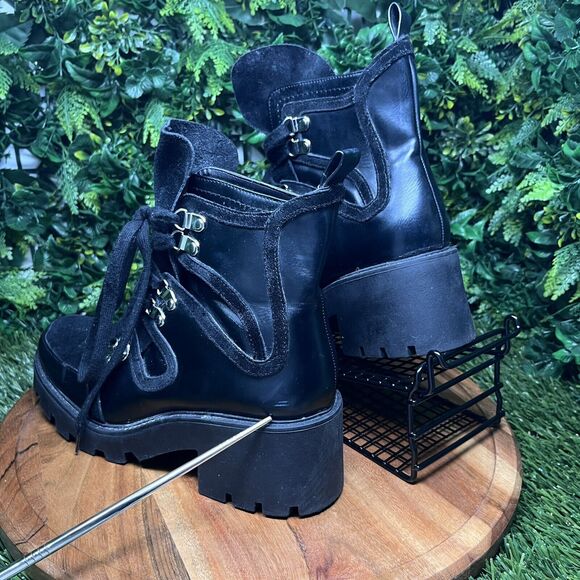 ZARA Boots Women 9 US 40 EU Black Moto Combat‎ Chunky Heel Lace Up Ankle 2111 - Picture 6 of 14